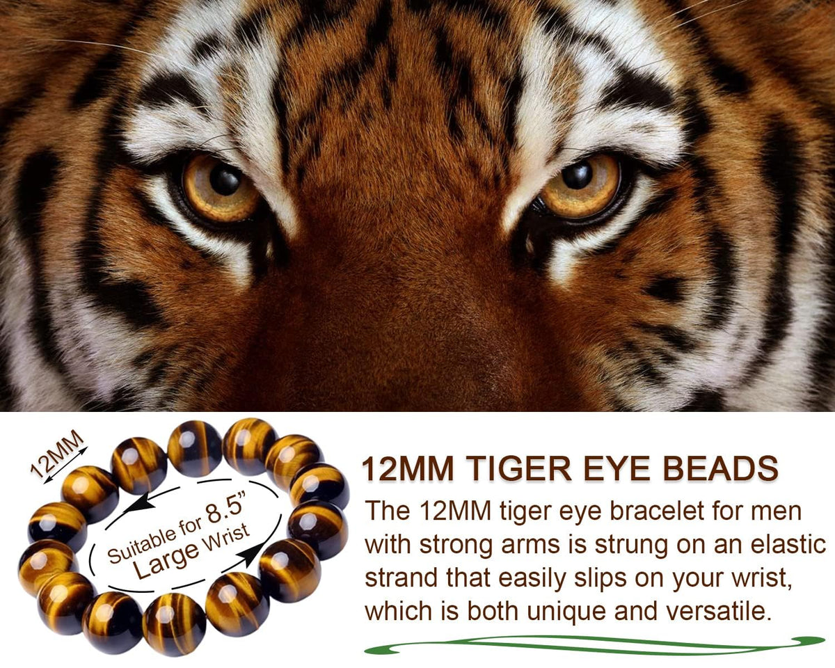 12MM Tiger Eye Bracelet Men | Natural Golden Yellow Cats Eye | Handmade Stretch Jewelry for about 8 inch Wrist Size | Bring Luck Fortune Courage Confidence | Chakra Gemstones Spritual choice for Men