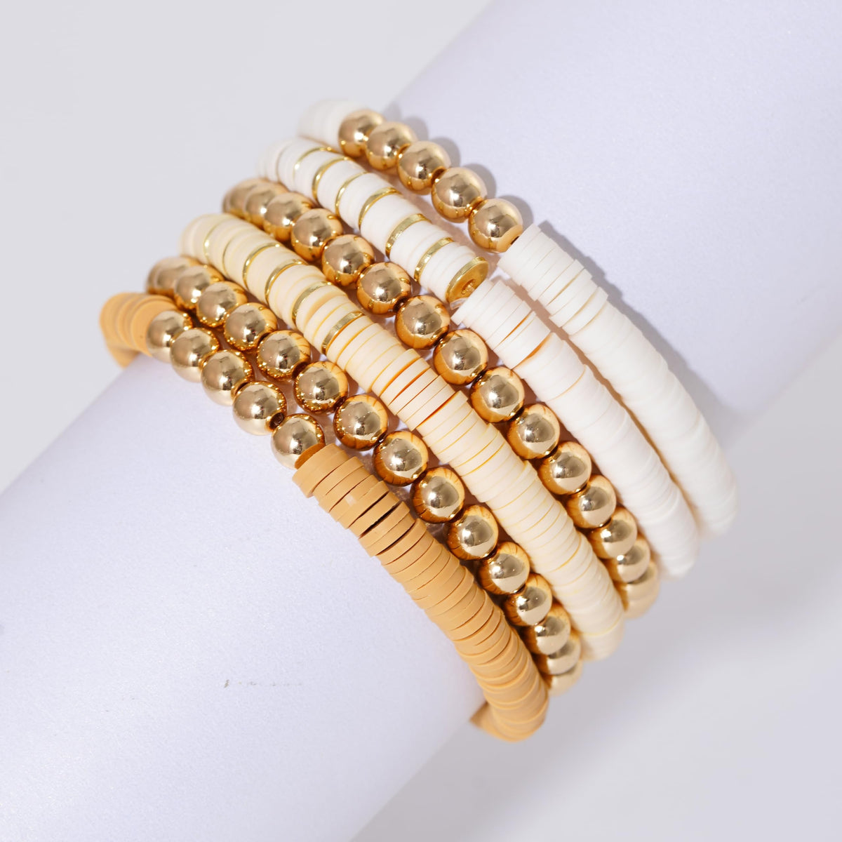 GOOJIDS Surfer Heishi Clay Bead Bracelets for Women Bohemian Stackable Gold Plated Beaded Stretch Bracelets Elastic Layering Friendship Bracelets Set Boho Jewelry