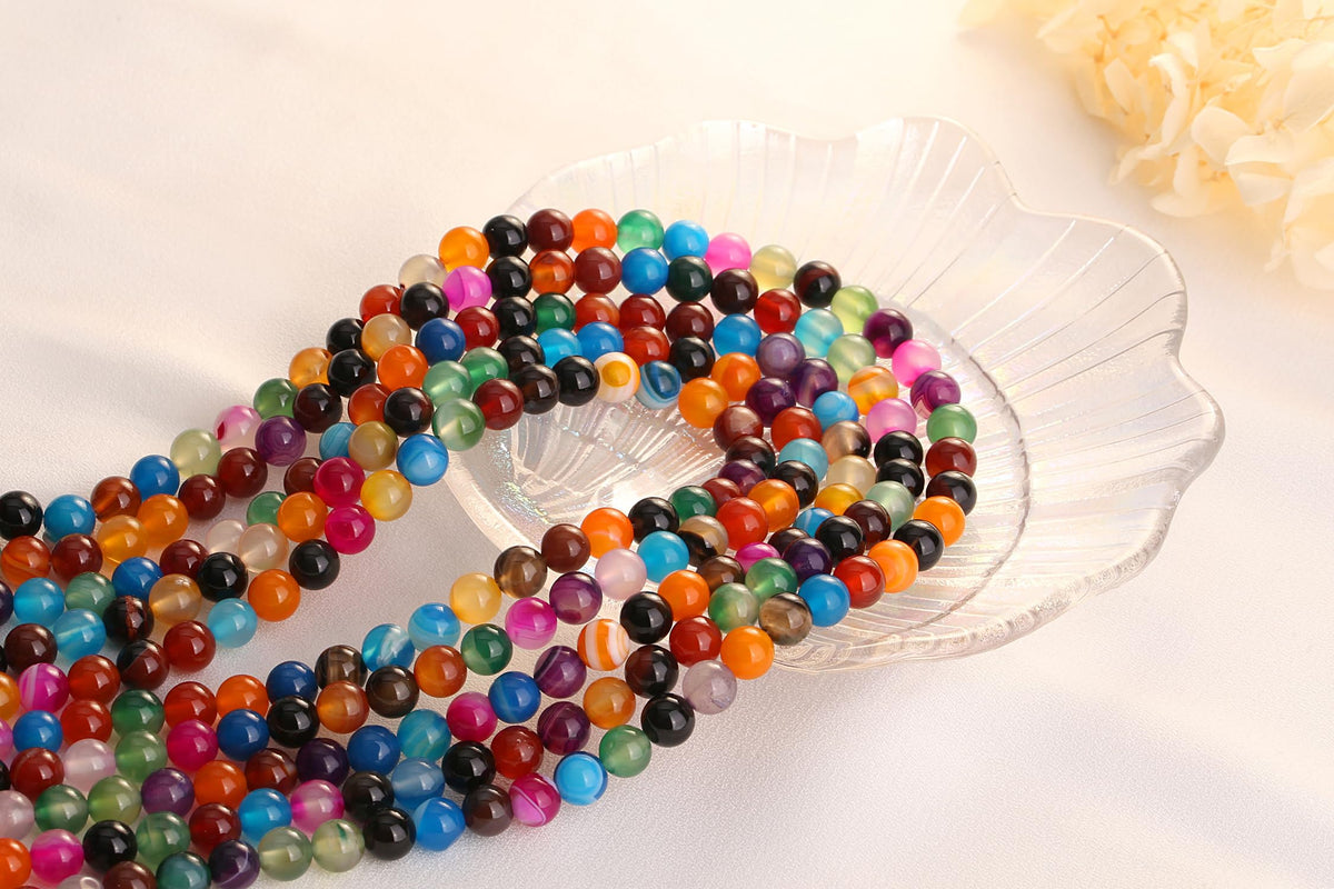 QINJIEJIE 100pcs Colorful Agate Stone Beads - 8mm Round Loose Gemstone Stone Beads for DIY Bracelet, Necklace, Earrings & Jewelry Making