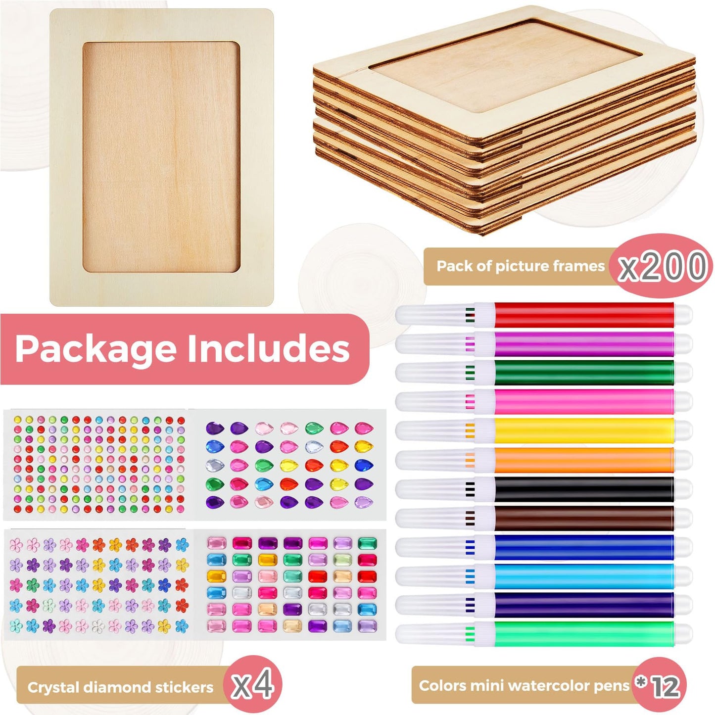 Zonon Picture Frame Painting Craft Kit Wooden Picture Frames for 4 x 6 Photo with 12 Painting Color Pens, 4 Diamond Sticker Sheets for Graduation Home for DIY Craft(8 Pieces)