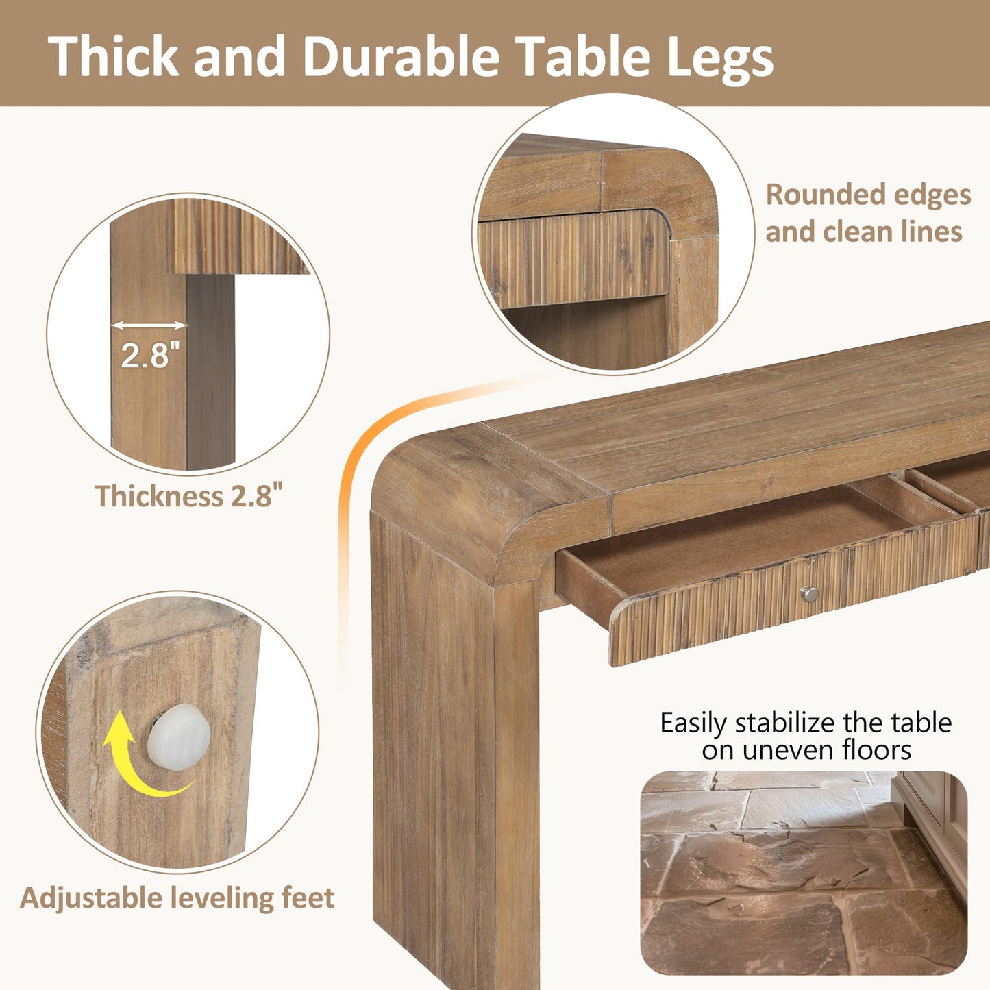 Merax Rustic Console Table with Fluted Drawer Front, Entryway Table with Curved Corners & Thick Legs, Sturdy Sofa Table for Hallway & Living Room, Natural