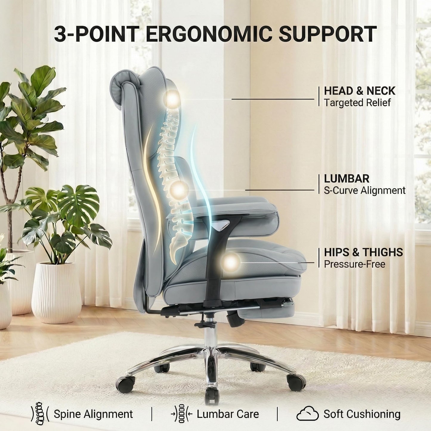 ATMILD Big and Tall Office Chair, 400lbs Heavy Duty Wide Seat Executive Chair with Footrest, High Back Leather Computer Desk Chair for Home Office (Grey)