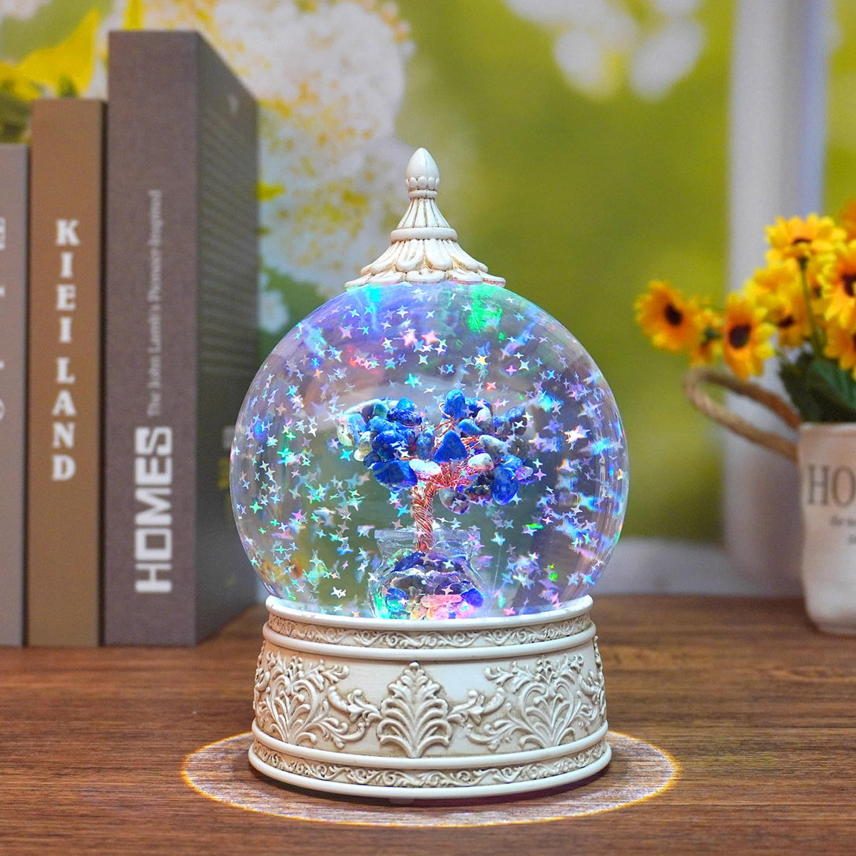 Lapis Lazuli Healing Crystal Tree Globe with Colorful Lights Sparkling Glitter, Natural Gemstone Base, Spiritual Meditation, Positive Energy Good Luck, Home Decor, Birthday Gifts (Lapis Lazuli)