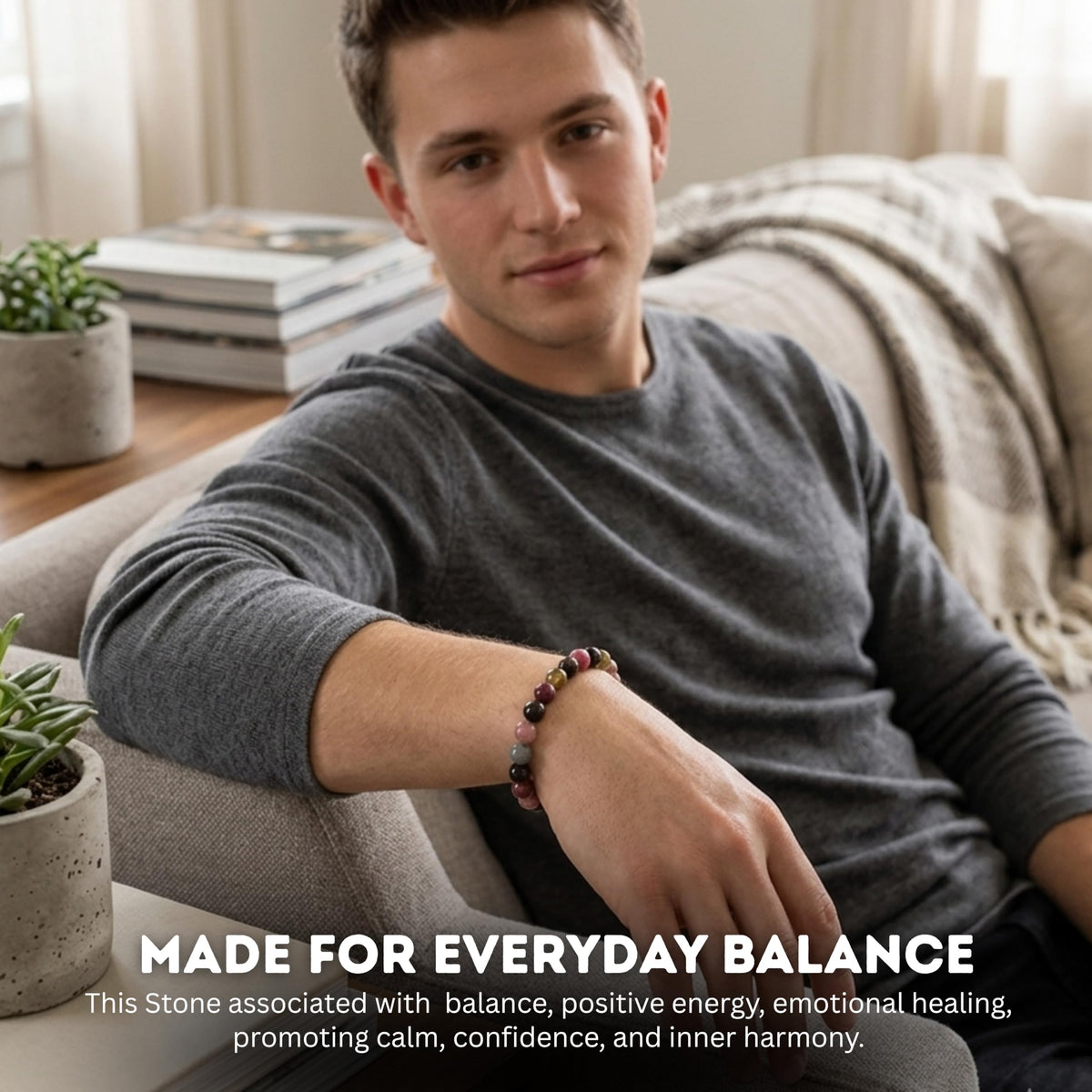 Cherry Tree Collection Rainbow Tourmaline Beaded Bracelet – Genuine 8mm Gemstone Stretch Bracelet for Men & Women – Handmade Crystal Bracelet - (Rainbow Tourmaline - S)