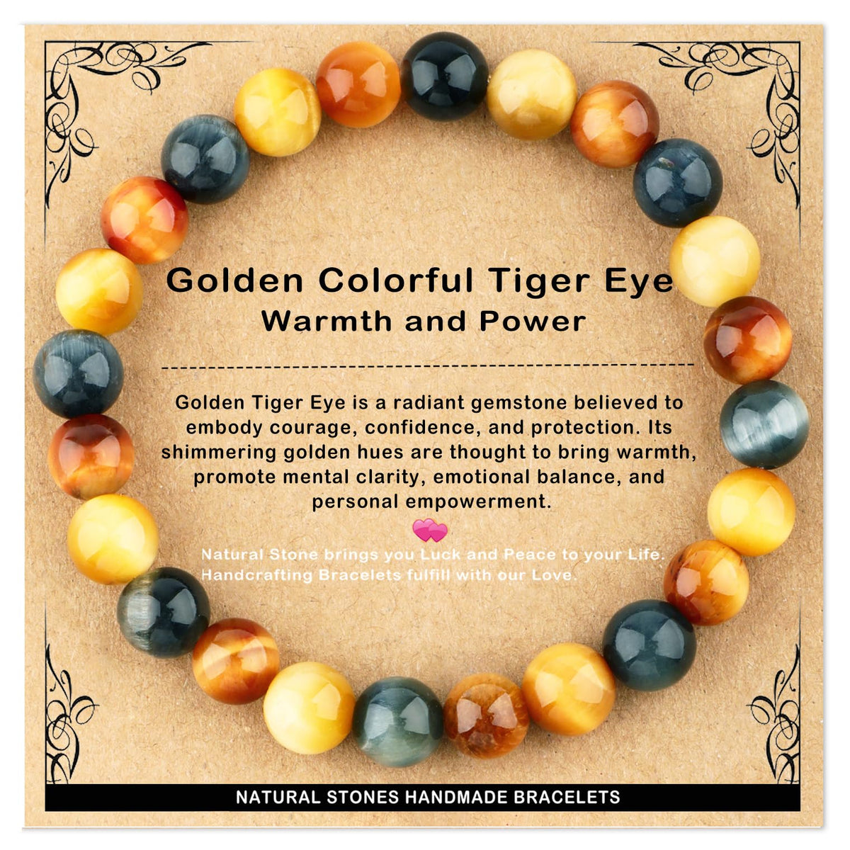AD Beads 8mm Handmade Golden Colorful Tiger Eye Elastic Bracelet – Natural Gemstone for Warmth and power – Meditation, Yoga, Healing and Energy Gift for Men Women