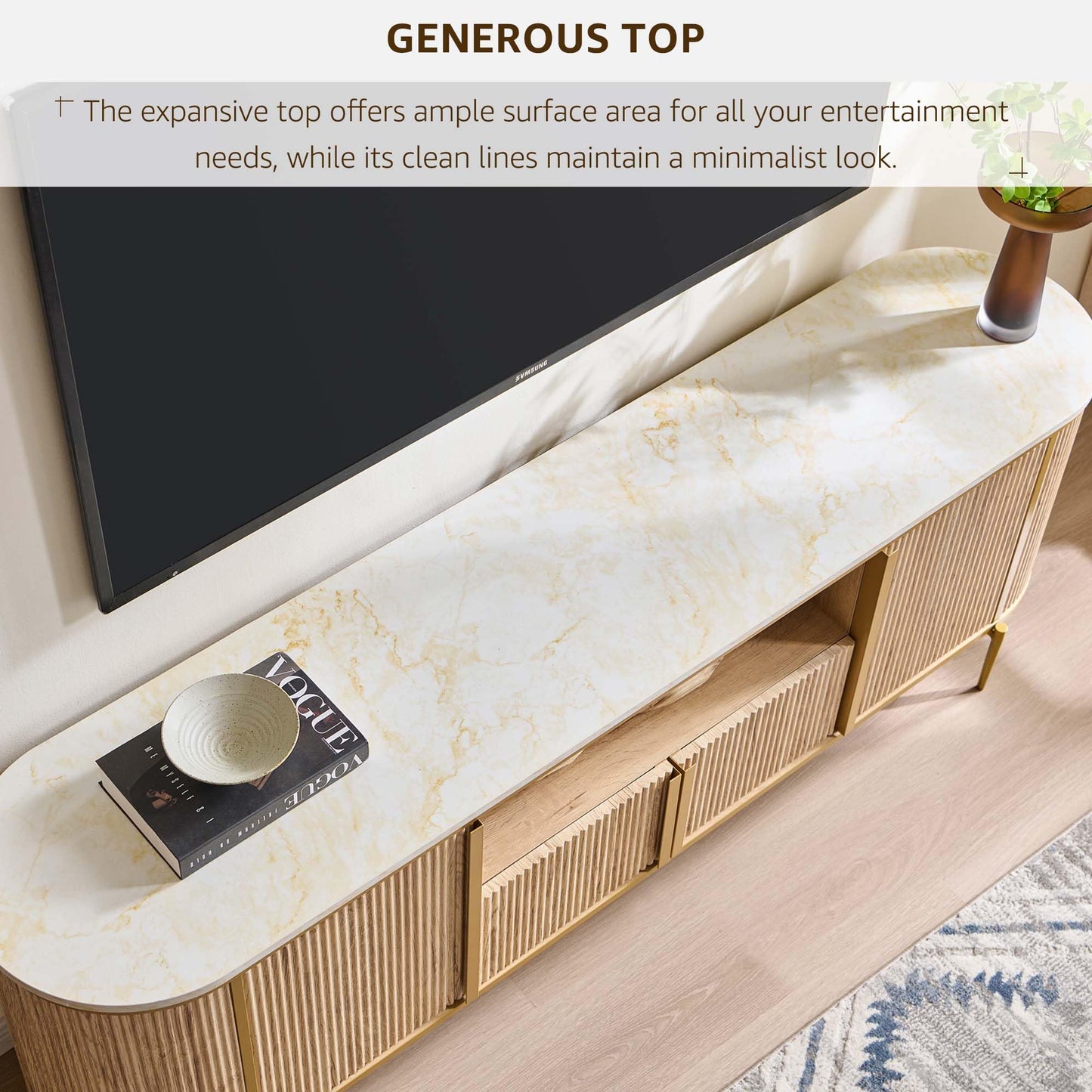 OKD 70" Fluted TV Stand with Storage, Faux Marble Top Entertainment Center for TVs Up to 80", Modern Curved Edge Media Console Cabinet for Living Room, Natural Oak