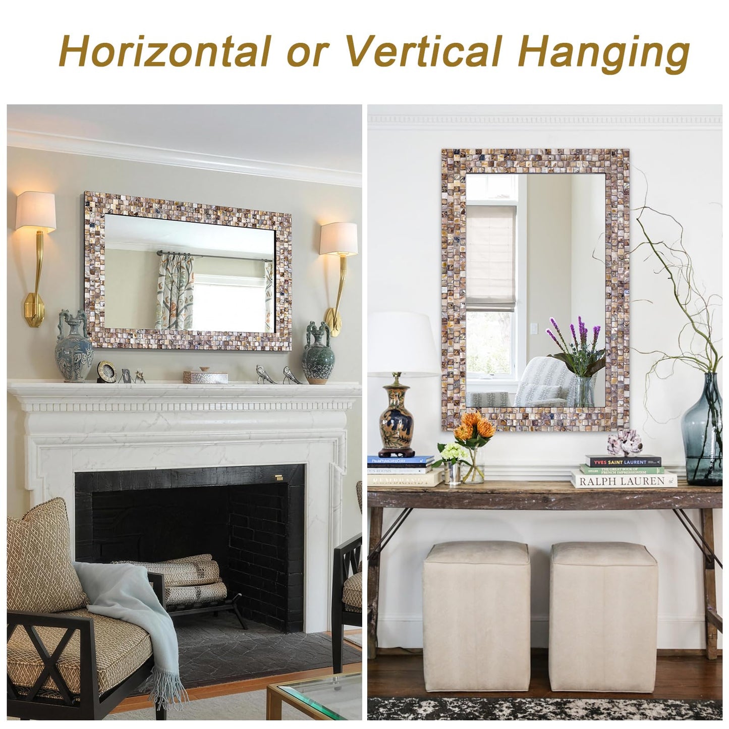 Large 36''x24'' Bathroom Mirror with Mosaic Frame, Modern Decorative Mirror with Handcrafted Mother of Pearl, Rectangular Wall Mounted Mirror for Entryway, Living Room, Fireplace Coastal Style