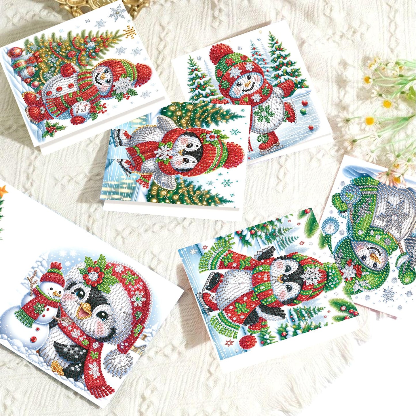 MVVMTOP 8pcs Christmas Diamond Painting Greeting Cards Christmas snowman & penguin, for Blessings and Wishes, Special Shape Crystal Partial Mosaic Making Craft, Paper Material, DIY Gifts for Holiday