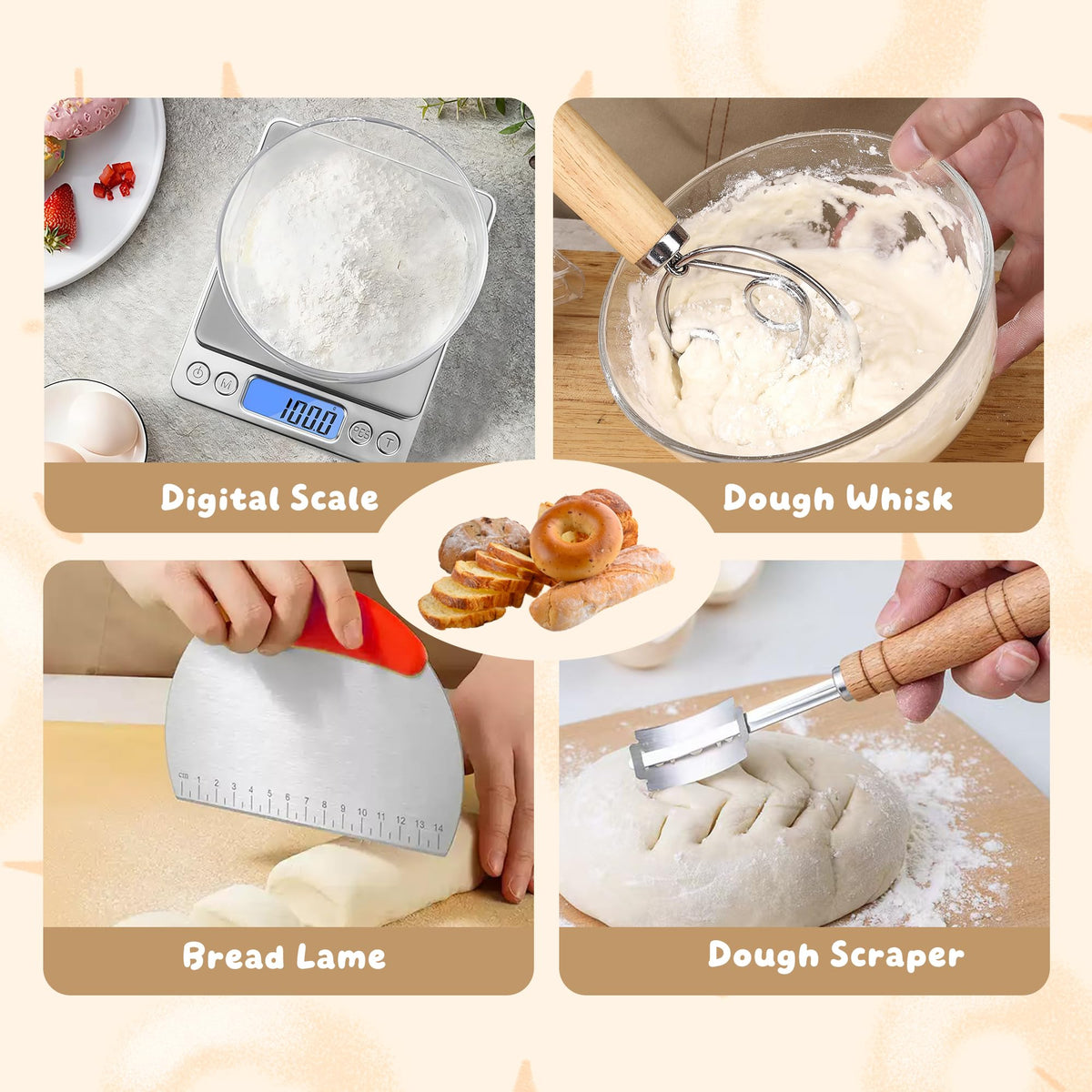 Sourdough Starter Kit，10 In and 11In silicone Banneton with Cloth Cover,Glass Sourdough Starter Jar,Dough Whisk, Bread Lame, Silicone Sling, digital scale for Bread Making Baking Fermentation