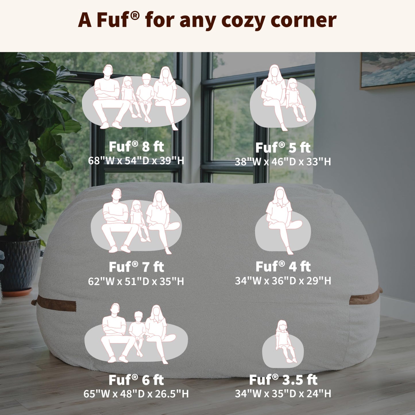 Big Joe Fuf 7Ft Giant Foam Bean Bag Chair, Oversized Couch with Removable Cover for Kids, Teens, Adults, Coffee Soft Vegan Leather, 7 Foot