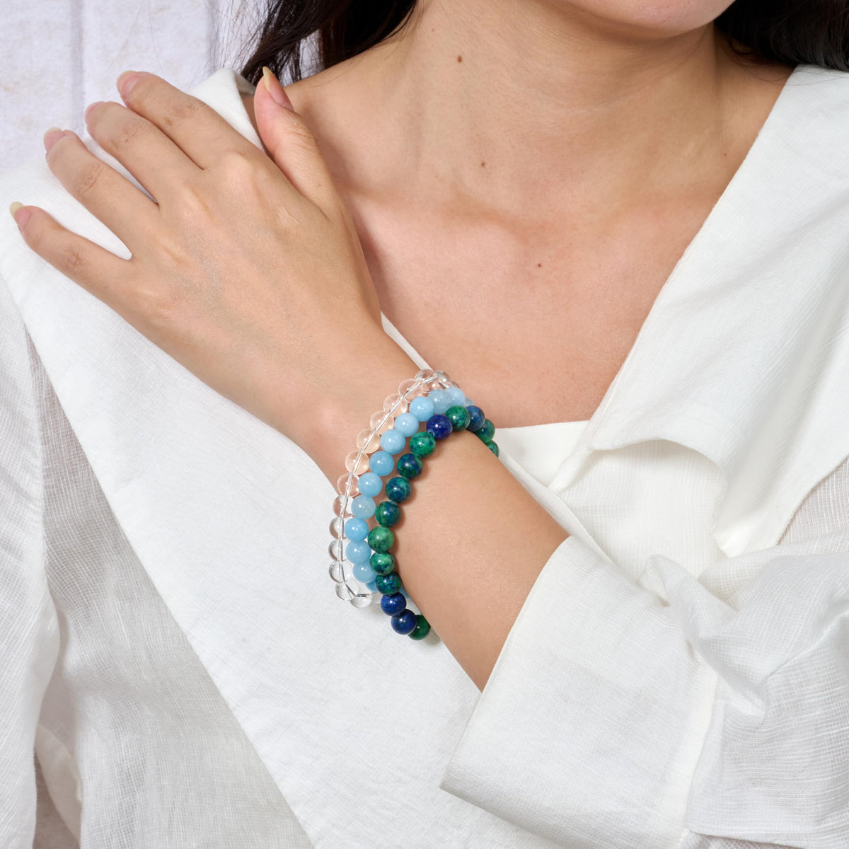 Bivei 3-Piece 8mm Beaded Bracelets for Women - Chrysocolla, Clear Quartz, Aquamarine - Handmade Natural Crystal Stretch Elastic Jewelry Yoga Meditation Protection Gifts