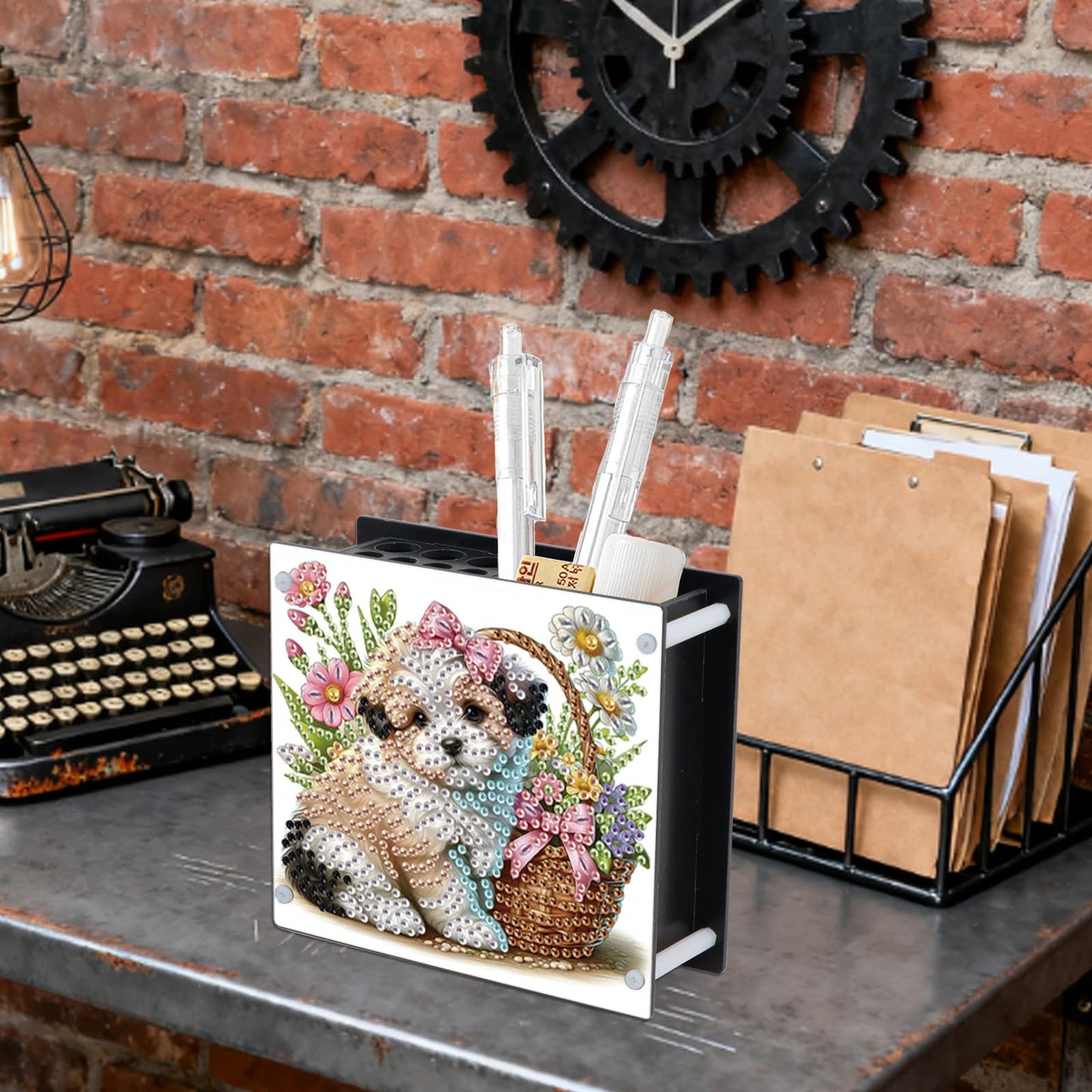 JISHSHAY Diamond Art Pen Holder Dog Diamond Painting Pencil Holder Animal Gem Art Penholder Gem Painting Pen Organizer Mosaic Kits for Adults Embroidery Kit Pencil Organizer, Contains 12 Slots