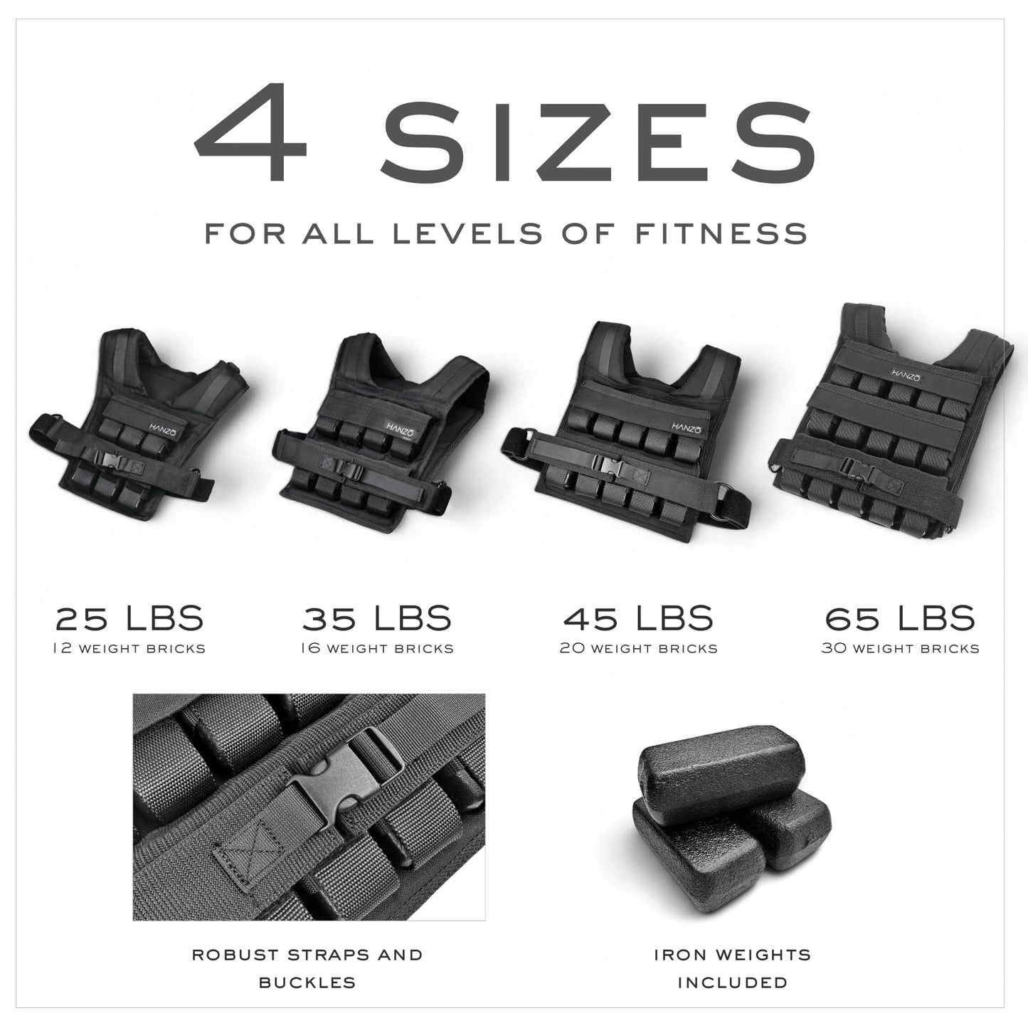 HANZO Weighted Vest for Men - Rucking & Strength Training Vest 25lbs–65lbs, Weight Vest With Removable Iron Weights, Adjustable Heavy Duty Weighted Workout Vest for Calisthenics & Fitness Training, Rucking Vest