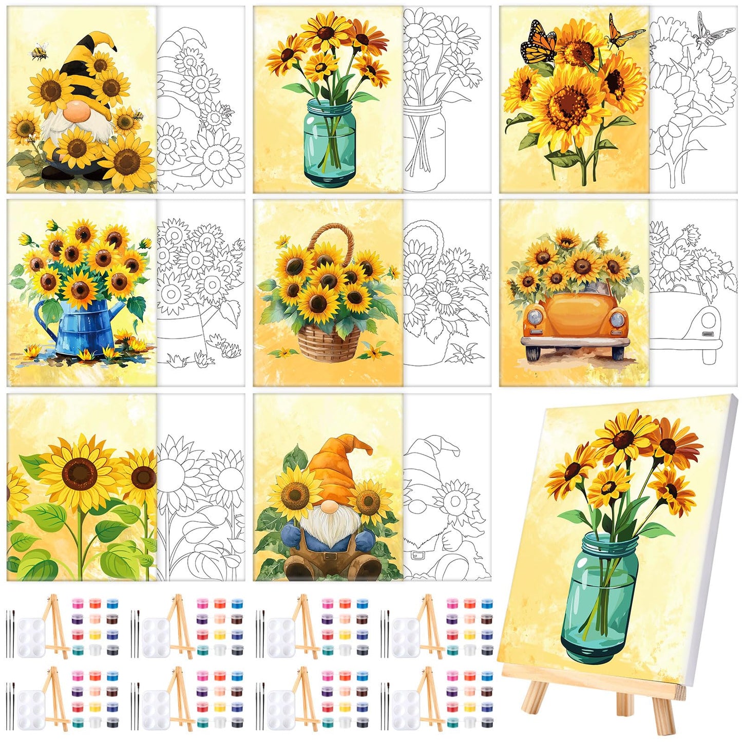 Humyoun 8 Sets 8" x 10" Sunflower Pre Drawn Canvas to Paint for Sip and Paint Party Sunflower Predrawn Coloring Set Pre Sketched Canvas Boards with Paints and Brushes for Adult