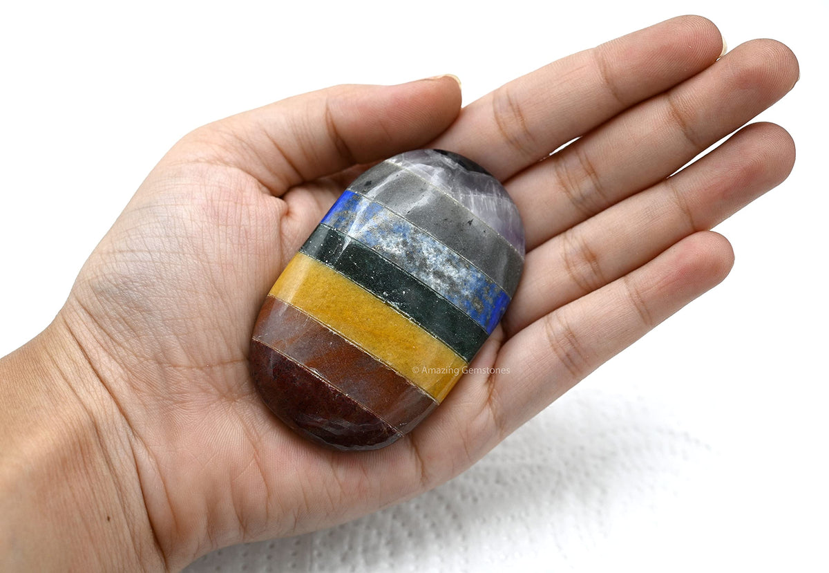 Amazing Gemstone Seven Chakra Crystals and Healing Stones - Large Palm Stone Crystals Piedra - Crystal for Good Luck, Balanced Positive Energy, Meditation - Unique Stocking Stuffers Gifts for Women