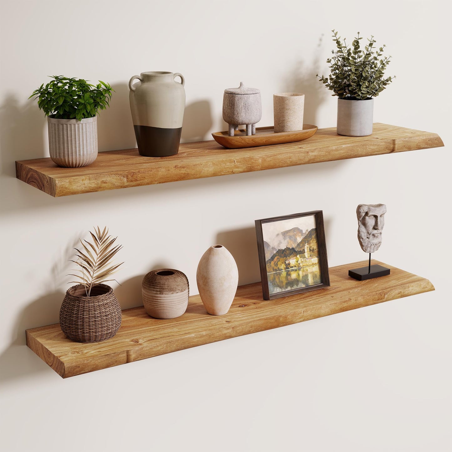 Axeman 36 inch Floating Shelves for Wall - 8'' D Live Edge Rustic Solid Elm Wood Floating Shelves Wall Mounted, Wall Shelves with Invisible Bracket for Living Room Bedroom Kitchen, Set of 2 Natural