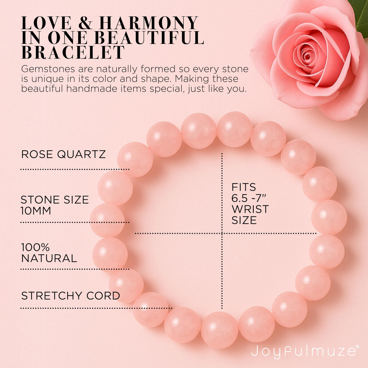Joyfulmuze Rose Quartz Stretch Bracelet, Brings Unconditional Love Romance Passion, Pink Stone Heart Chakra, Handmade Jewelry Gift for Her and Him, (Rose-Quartz)