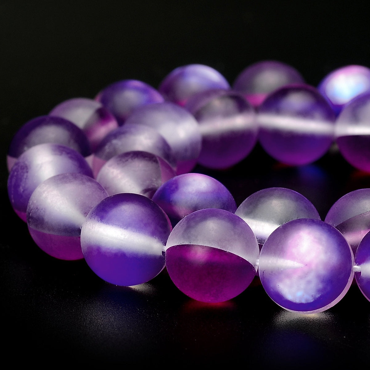 RUBYCA 10mm Round Moonstone Matte Crystal Glass Beads Aura for Jewelry Making Purple, 1 Strand
