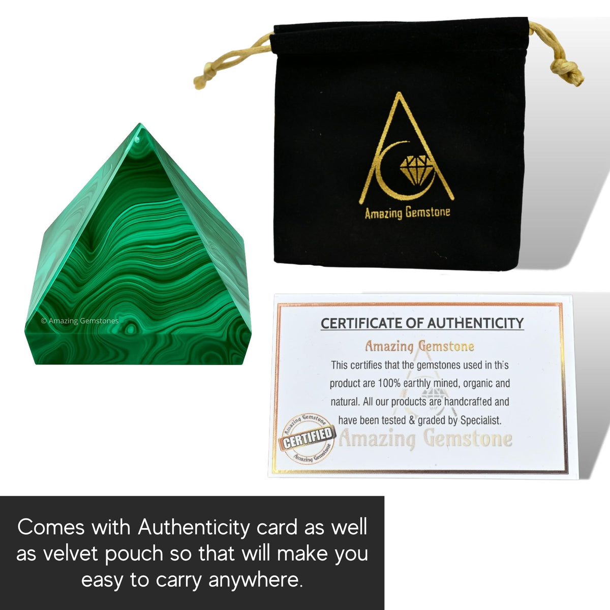 Amazing Gemstone Malachite Pyramid Crystal Healing Stones - 1" Great Pyramid Figurine of Natural Stone Pyramid for Meditation, Reiki, Chakra Balancing and Crystal Pyramids Grid