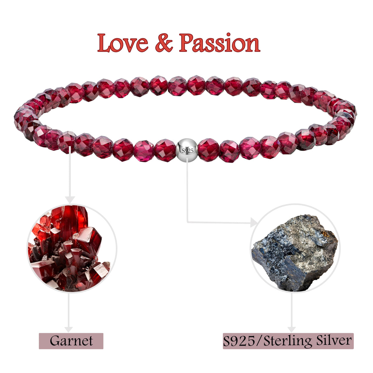 Farfume Garnet - Love & Passion - Beaded Bracelets for Women,Handmade Natural Stone 4mm Beads 925 Sterling Silver Stretch Bracelets, Chakra Crystal Gemstone Jewelry Gifts for Mom