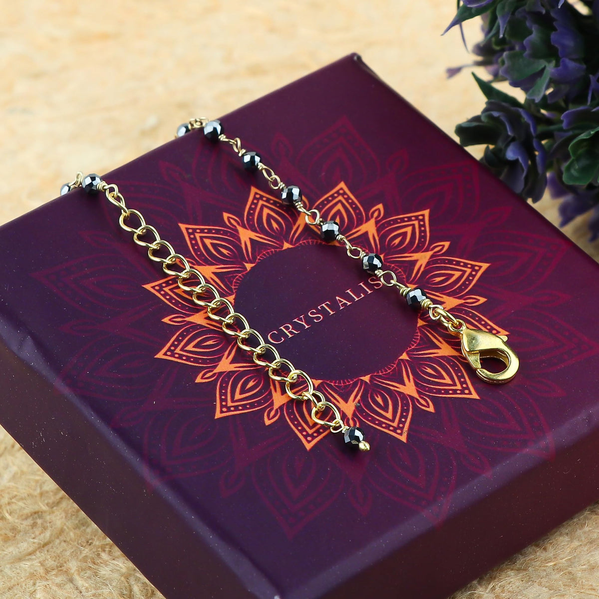 JOR Natural Hematite Beaded Rosary Anklet, Handmade Craft, Anklet Beads Bracelet, Chakra Healing Anklet, Gemstone Women Jewelry, Dainty Gold Plated Anklet 9 inch + 2 inch (1pcs)