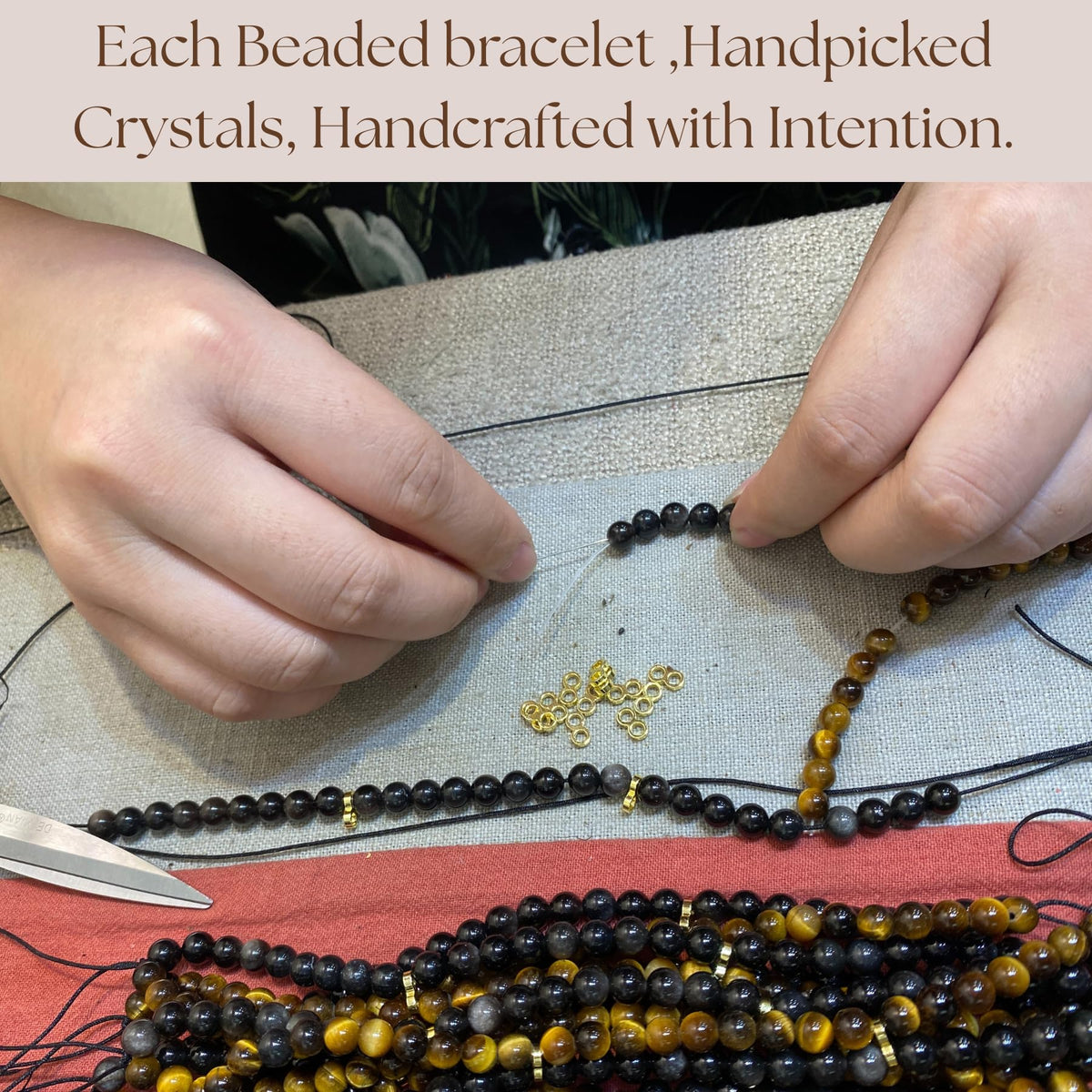 Atminafays 6MM Stackable Healing Bracelet for Women & Men - Tiger's Eye & Obsidian for Courage & Protection, Adjustable Boho Beaded Bracelet