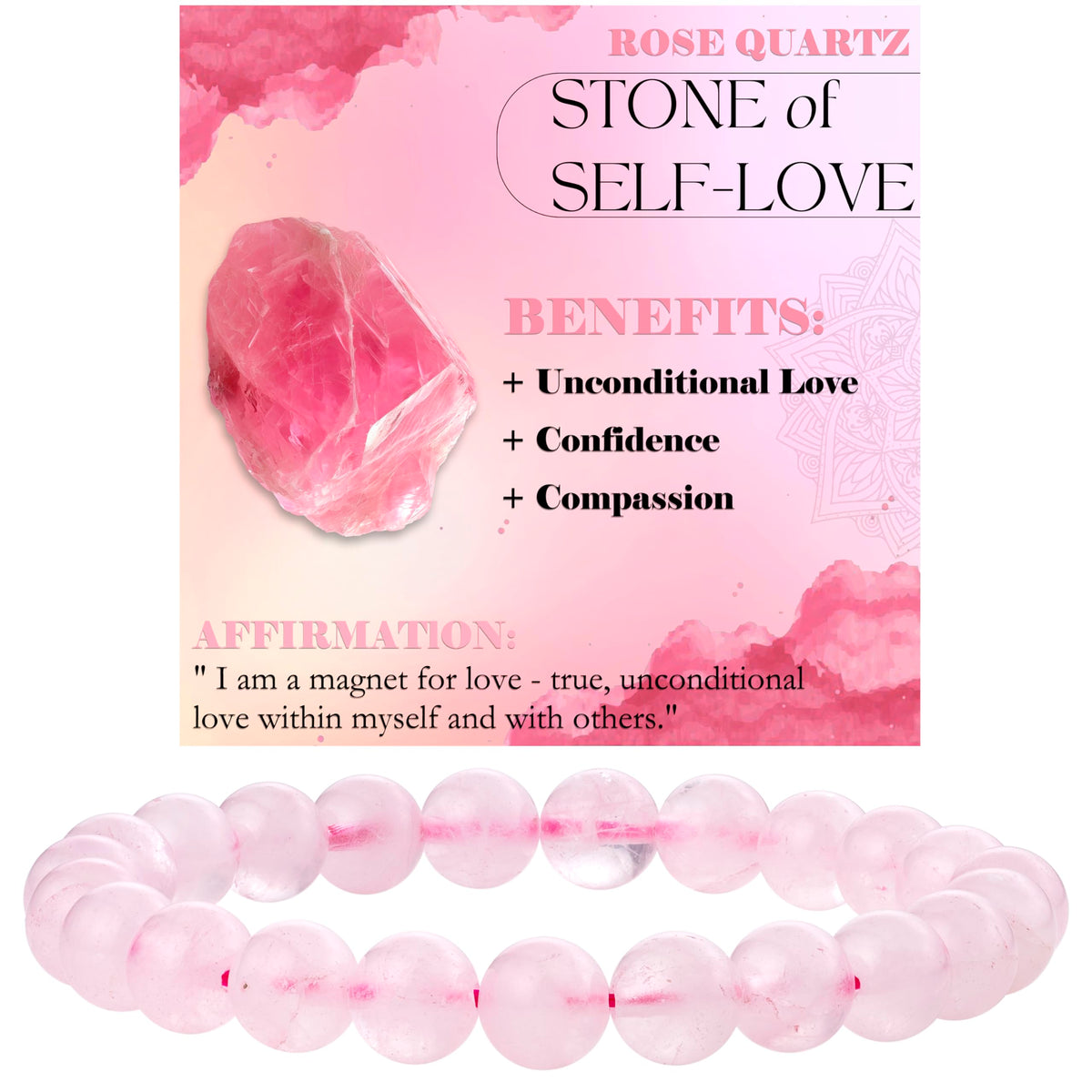 Rose Quartz - Self-Love - 8mm Beaded Bracelets for Women Handmade Semi Precious Natural Stone Stretch Elastic Jewelry Yoga Protection Gifts