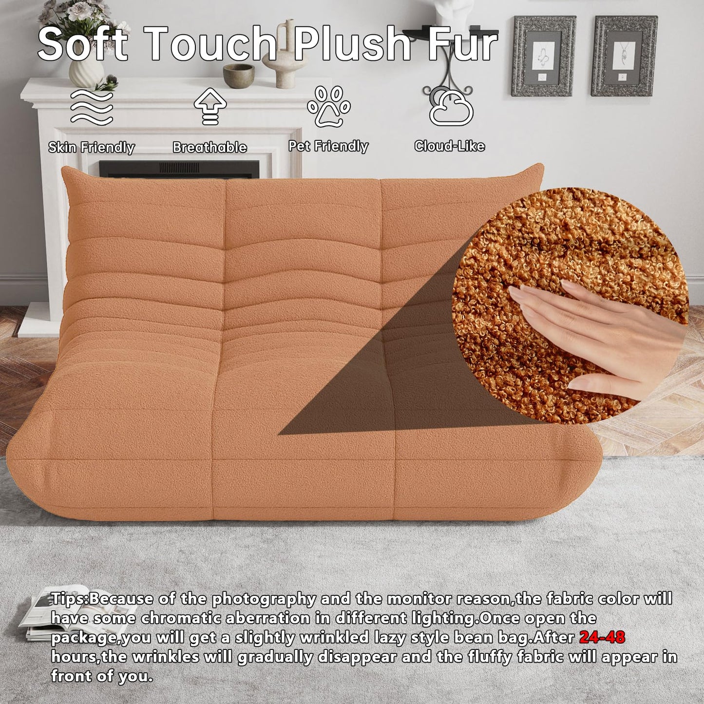 WHGBJA Bean Bag Chairs for Adults, Memory Foam Couch Loveseat Sofa Chair, Soft Teddy Material Cozy Comfy Reading Nook Chairs, Floor Chair for Living Room Bedroom Office(Orange)