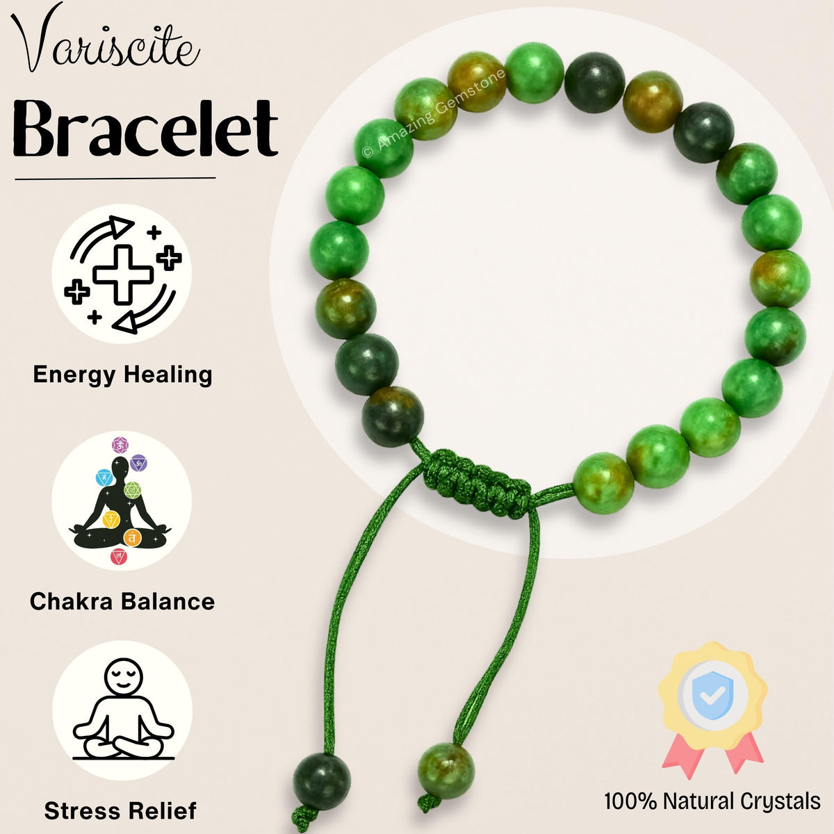 Amazing Gemstone Variscite Bracelet for Women Men's Gifts - Protection Healing Crystal Bracelet - 8mm Gemstone Beaded Adjustable Bracelet