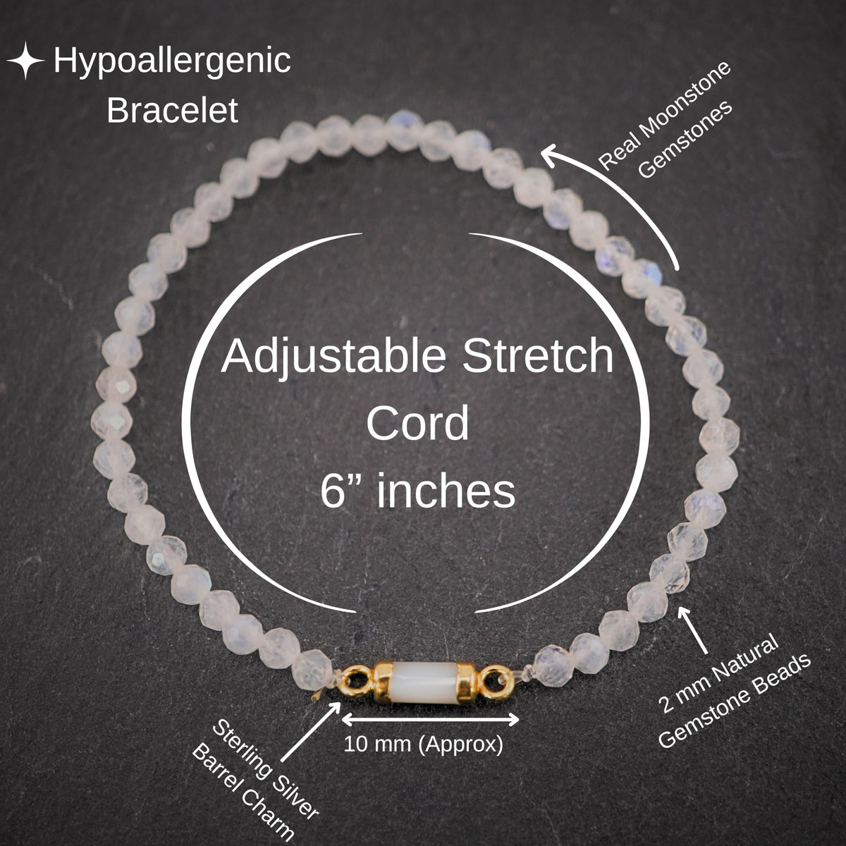Moonstone Bracelet Birthday Gift for Girls, Toddler Bracelet with Certified 925 Sterling Silver 18K Gold Vermeil Moonstone Crystal Barrel Charm - Natural Organic Gift