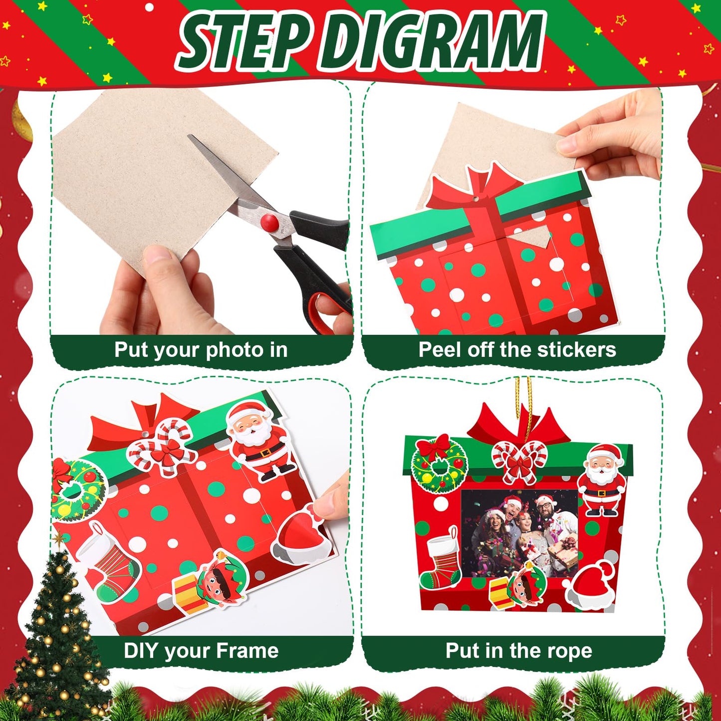 Tioncy 40 Pack Christmas Picture Frame Ornaments DIY Craft Box Set with Stickers DIY Photo Frame Hanging Xmas Picture Ornaments for Tree Window Holiday Party Decor