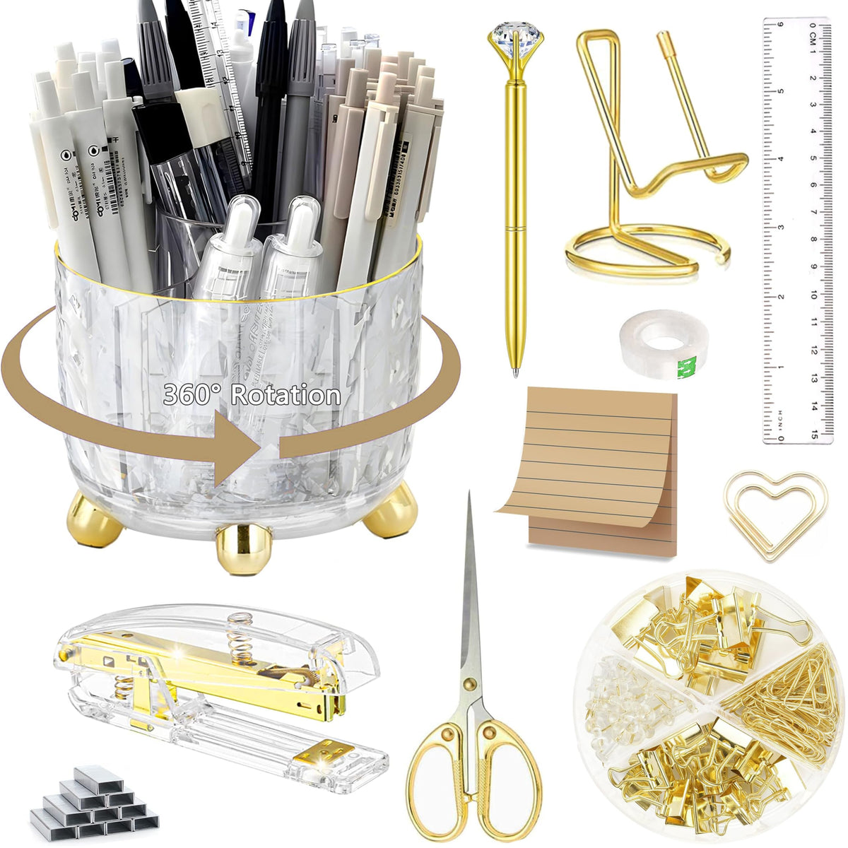 Gold Desk Accessories, Office Desk Organizers and Accessories 360°Pen Holder Acrylic Stapler Set, Phone Holder, Ballpoint Pen, Scissor, Binder Clips, Ruler, Transparent Glue, Sticky Note and Staples.