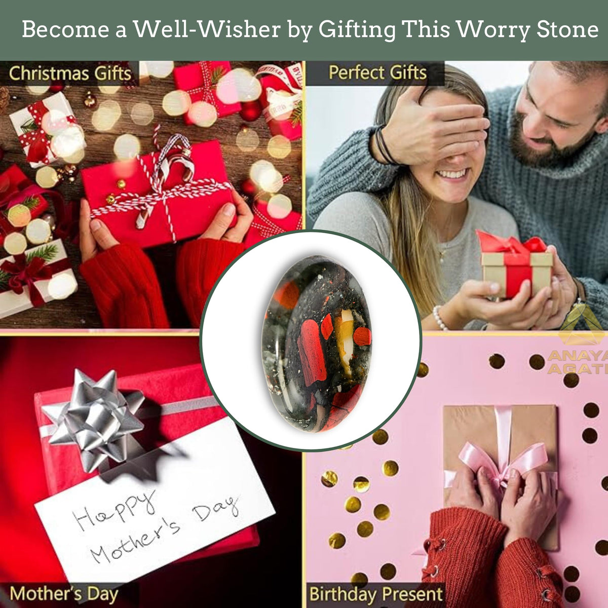 Anaya Agate African Bloodstone Worry Stones Certified Crystal Thumb Worry Stone for Anguish, Relaxing and Soothing Balance Stones for Meditation Stress Relief Crystals and Healing Stones for Men Women