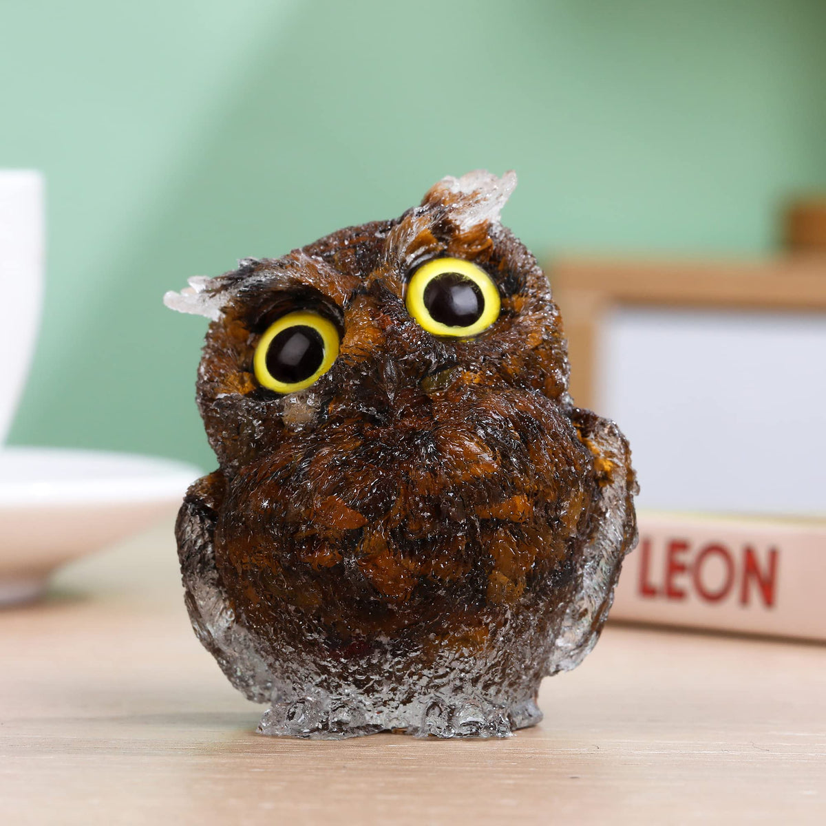 Reyife Hand-Carved Natural Crystal Owl Statue Reiki Healing Gemstone Animal Figurines Home Office Car Decoration The Best Gifts 2.4 inches (Tiger Eyes Stone)