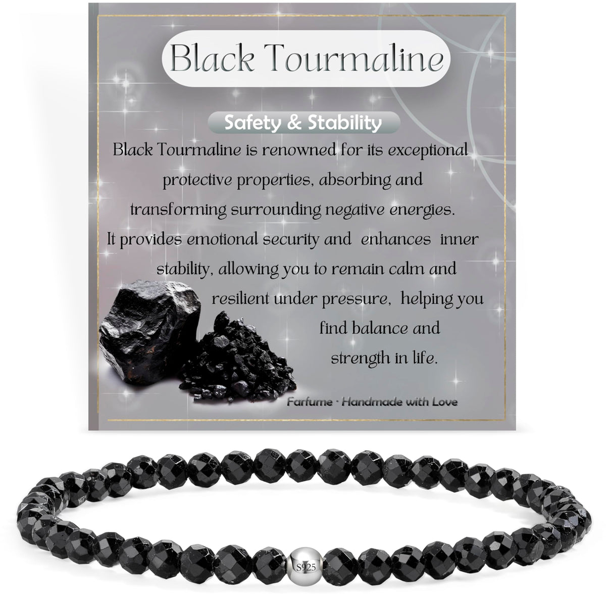 Farfume Black Tourmaline - Safety & Stability - Beaded Bracelets for Women,Handmade Natural Stone 4mm Beads 925 Sterling Silver Stretch Bracelets, Chakra Crystal Gemstone Jewelry Gifts for Mom