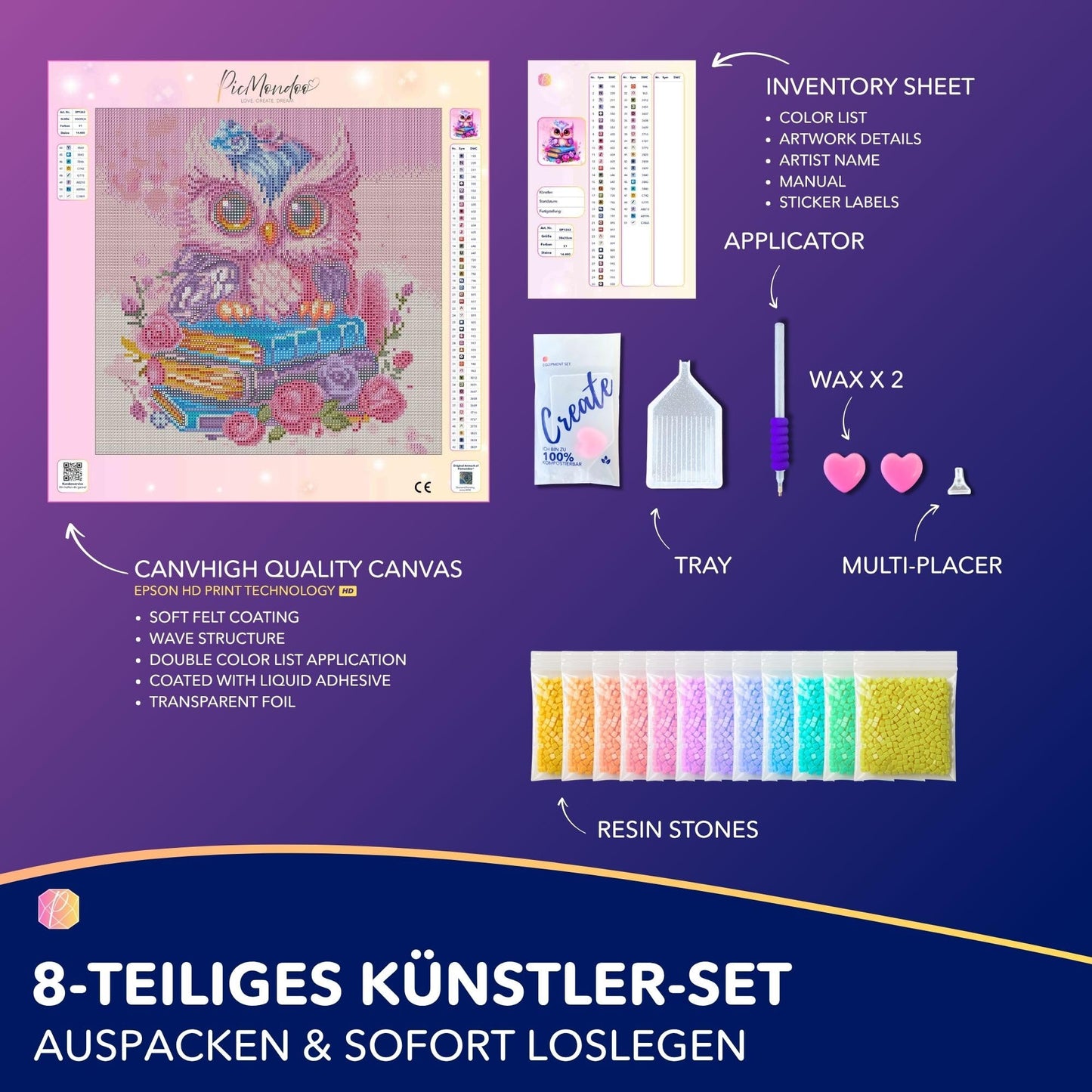 Picmondoo Diamond Painting Book Owl 30x30 cm – DIY Diamond Painting for Children & Adults – with AB Stones, Rhinestones & Fairy Dust Paint – Complete Set with Accessories & Artist Canvas