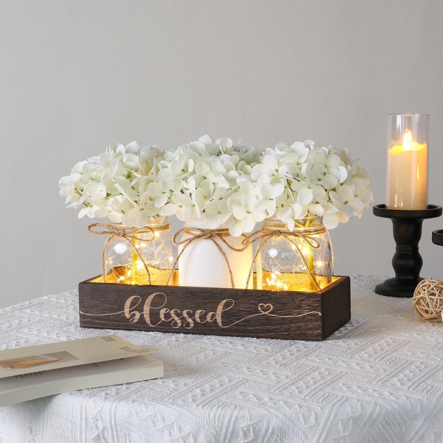 FancyPlus Farmhouse Mason Jar Table Centerpiece with White Hydrangea Flowers, Lighted Artificial Floral Arrangement with Wood Tray, Rustic Table Decor for Kitchen Coffee Table Living Room Home