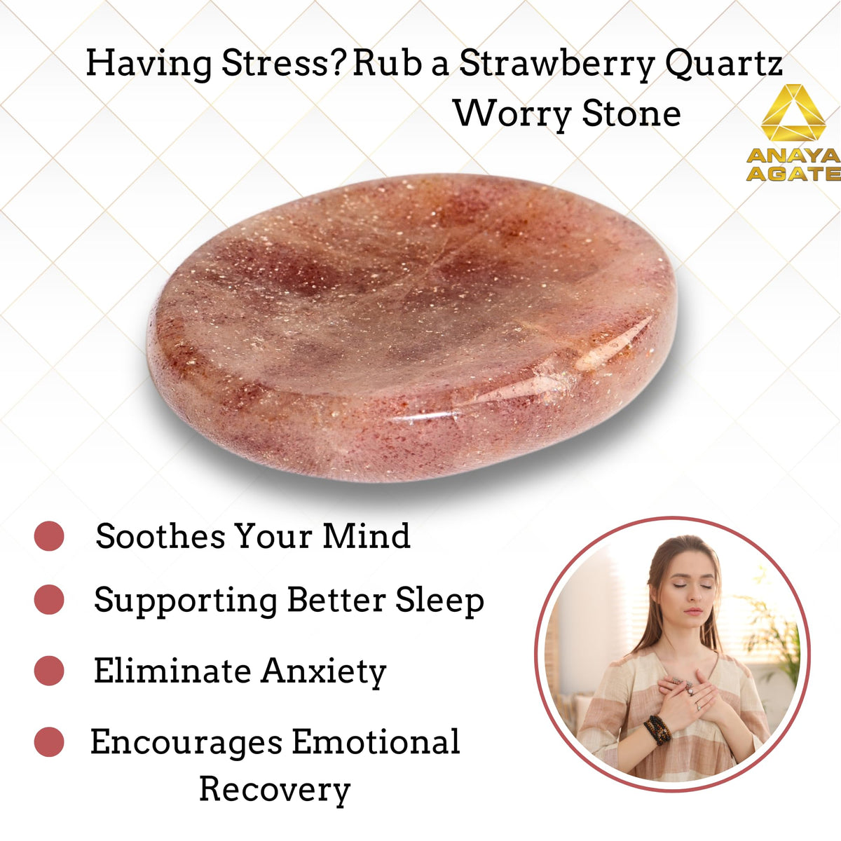 Anaya Agate Strawberry Quartz Worry Stones Certified Crystal Thumb Worry Stone for Anguish Relaxing and Soothing Balance Stones for Meditation, Stress Relief Crystals and Healing Stones for Men, Women