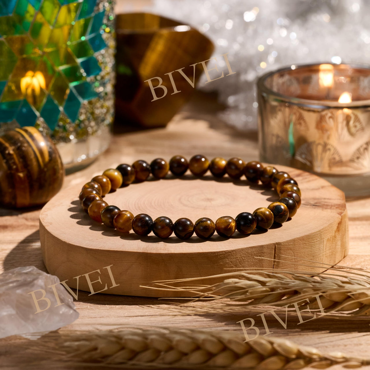 Bivei Tiger Eye - Confidence - 6mm Beaded Bracelets for Women Handmade Semi Precious Natural Stone Stretch Elastic Jewelry for Women Yoga Protection Gifts Small