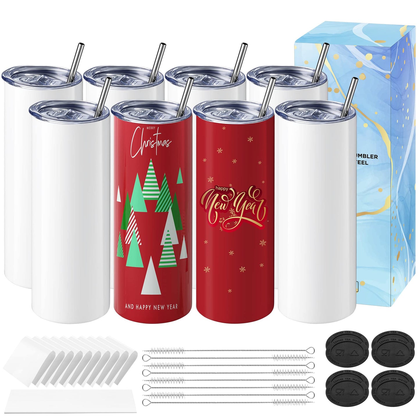 Hiipoo 8 Pack Sublimation Tumblers Blank 20 oz Straight Skinny with Sublimation Papers, Lids and Straws, Shrink Wrap Films, Stainless Steel Double Wall Insulated Tumbler for Mug Press Machine