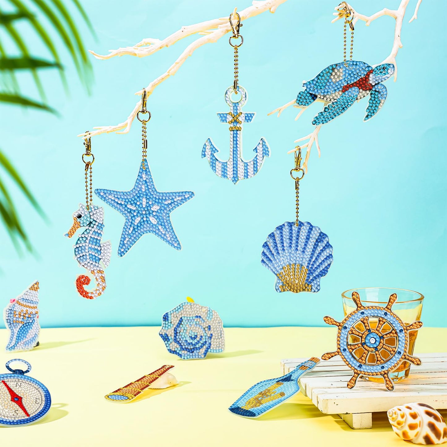 BBTO 15 Pcs Summer Ocean Diamond Painting Keychains Kits 5D DIY Summer Diamond Art Painting Keyrings Sea Animals Theme Key Chains for Beach Party Crafts Ornaments