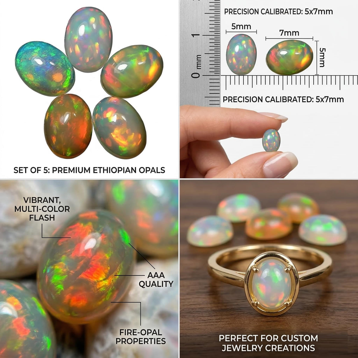 Myhealingworld Natural Ethiopian Opal 5x7mm oval cabochon AAA quality loose calibrated gemstones for jewelry making oval 5x7mm - 5 stones