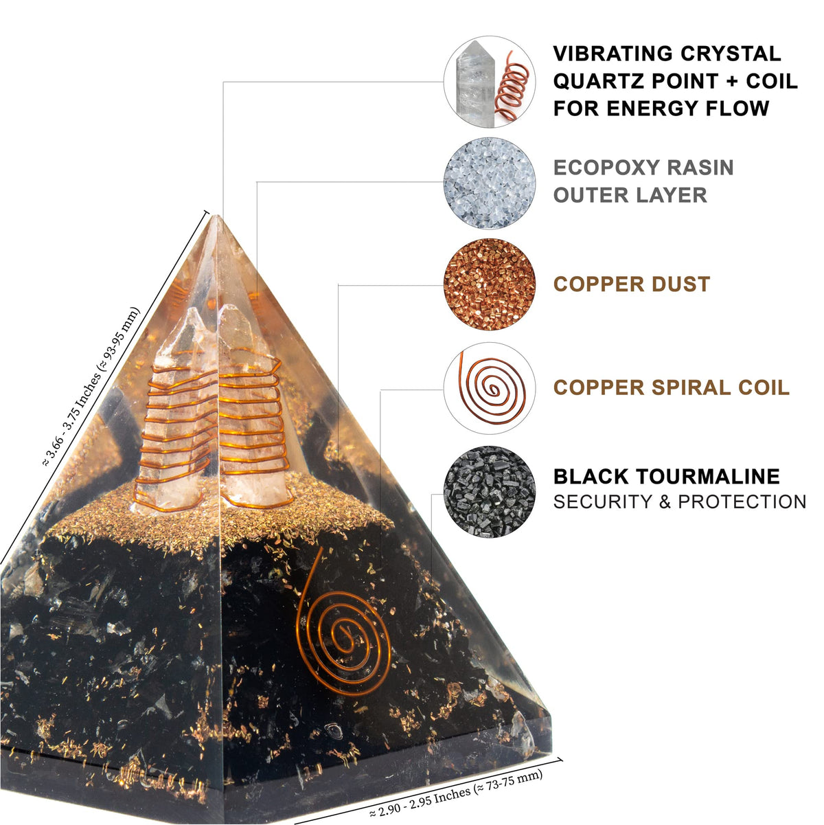Black Tourmaline Orgone Pyramid for Protection & Security | Orgonite pyramids with Copper Coil and Crystal Quartz for Chakra Protection