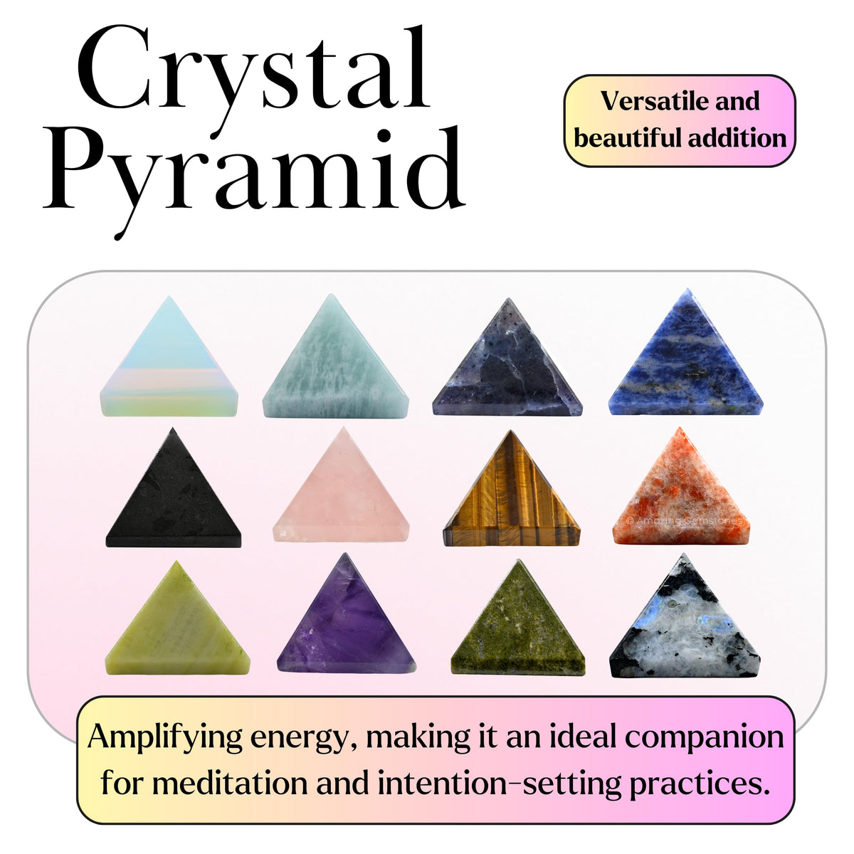 Amazing Gemstone Pack of 11 Crystal Pyramid Healing Stones - 1" Wholesale Bulk Crystals Pyramid Figurine of Natural Stone for Meditation, Reiki, Chakra Balancing and Crystal Pyramids Grid