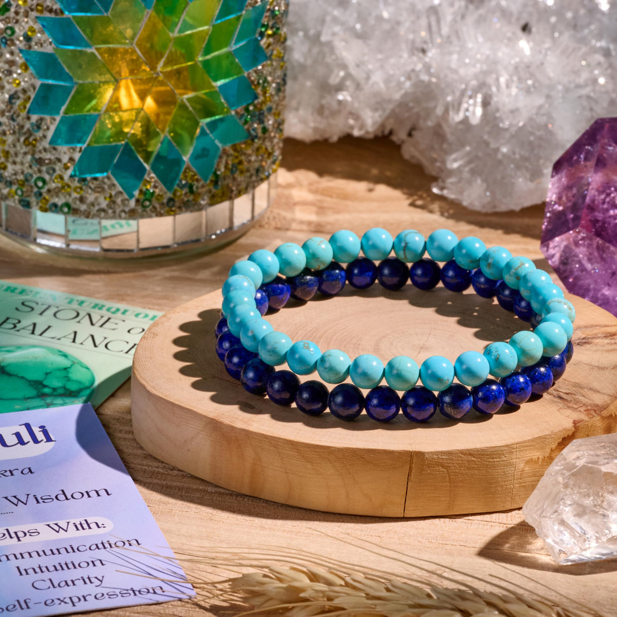 Bivei 2-Piece 8mm Beaded Bracelets for Women – Green Turquoise, Lapis Lazuli – Handmade Natural Crystal Stretch Elastic Jewelry for Meditation, Yoga, Protection Gifts