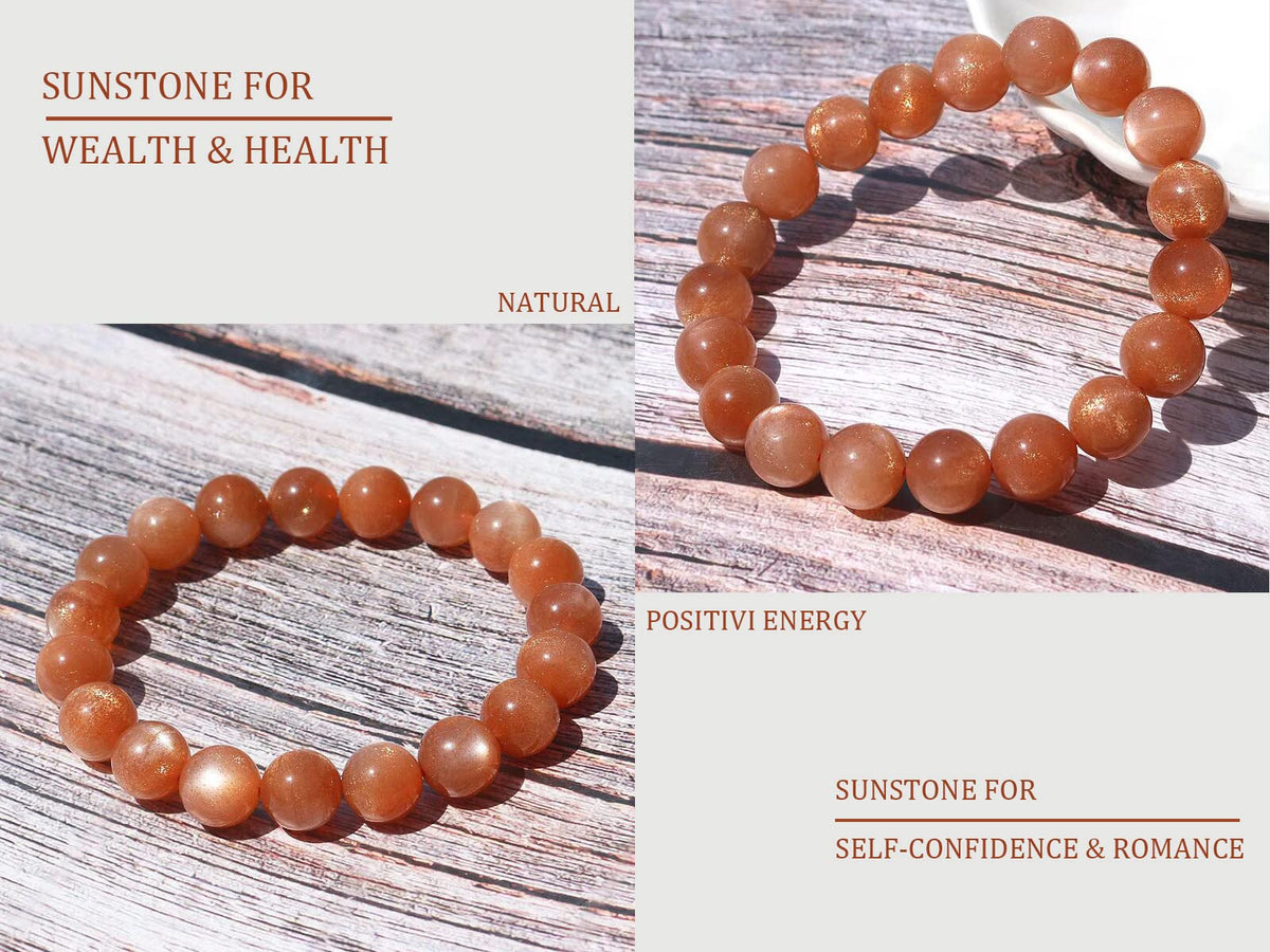 Sunstone Bracelets for Women Men: 8MM & 10MM | Natural Gemstones for Spiritual Ceremony & Ritual | Bring Wealth| Stretch Jewelry Stone of Romance Passion Drive Confidence