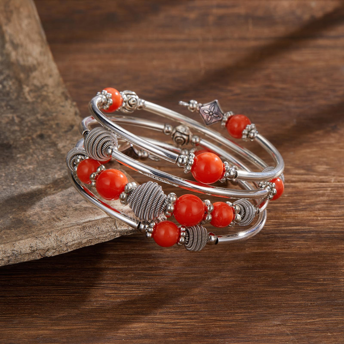 PEARL&CLUB Beaded Chakra Bangle Turquoise Bracelet - Fashion Jewelry Wrap Bracelet with Thick Silver Metal and Mala Beads, Birthday Gifts For Women(Orange)