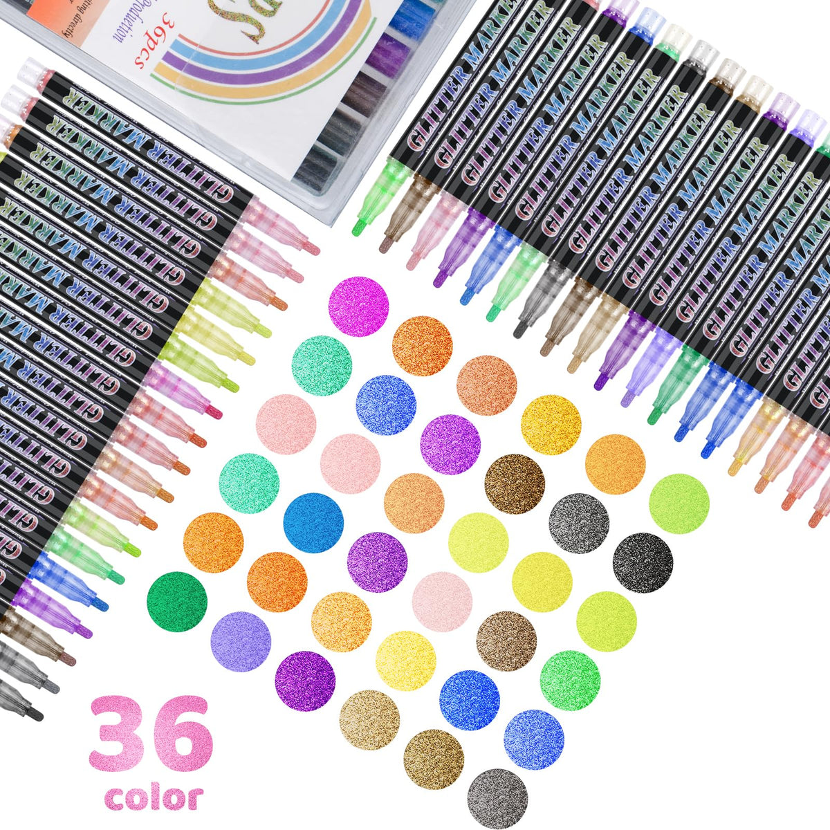 OLINGYOU Glitter Marker Pens,36 Colors Self-Shimmer Metallic Markers,Glitter Paint Pens DIY Crafts Greeting Birthday Cards, Making Poster,Album,Scrapbooking,Wood，Mugs