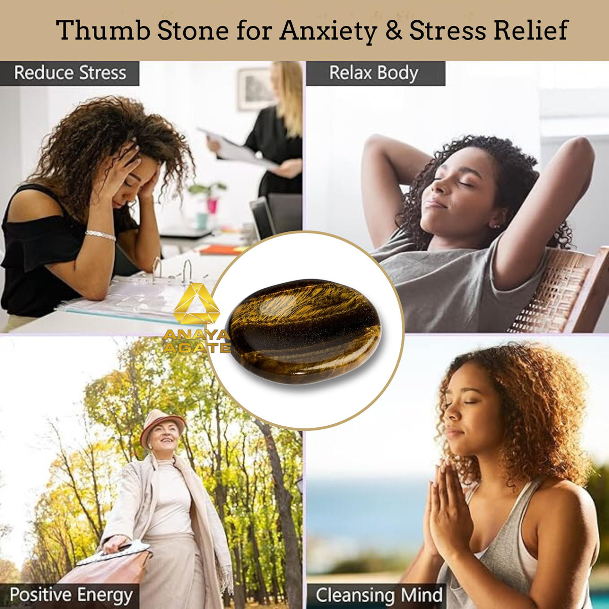 Anaya Agate Tiger Eye Worry Stones Certified Crystal Thumb Worry Stone for Anguish, Relaxing and Soothing Balance Stones for Meditation, Stress Relief Crystals and Healing Stones for Men, Women