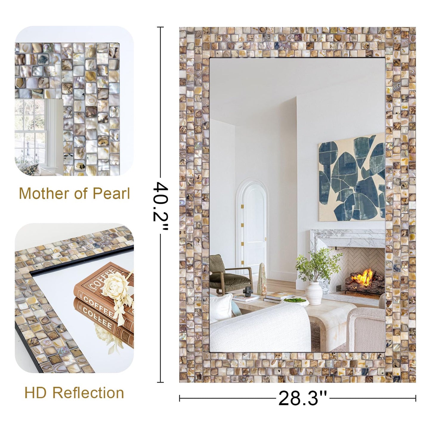 Large 36''x24'' Bathroom Mirror with Mosaic Frame, Modern Decorative Mirror with Handcrafted Mother of Pearl, Rectangular Wall Mounted Mirror for Entryway, Living Room, Fireplace Coastal Style